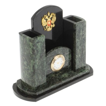 Настольные часы с карандашницей "Герб России" из змеевика