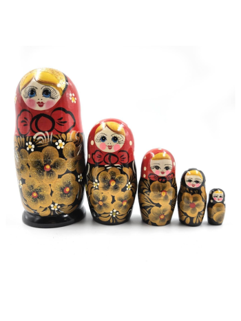 Матрешка деревянная "Золотые цветы" (5 мест, высота 15 см)