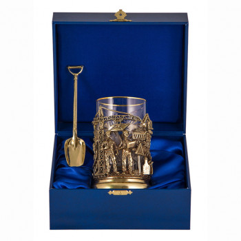 Подстаканник "Строители" из бронзы со стаканом и ложечкой в подарочном футляре