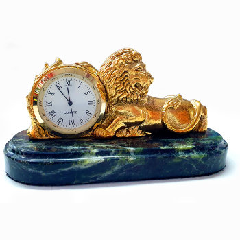 Настольные часы "Лев" из бронзы и змеевика (12 х 5,5 х 5 см)