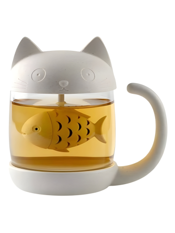 Кружка для чая с ситечком и крышкой "Котик с рыбкой"