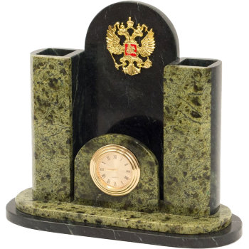 Настольные часы "Герб России" с карандашницей из змеевика (18 х 17 х 7,5 см)