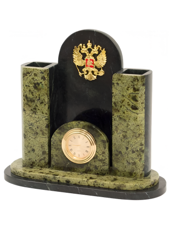 Настольные часы "Герб России" с карандашницей из змеевика (18 х 17 х 7,5 см)