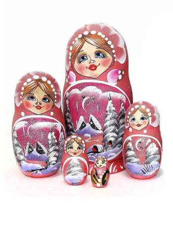 Матрёшка деревянная разборная "Пейзаж" (5 мест, 14 см) розовая