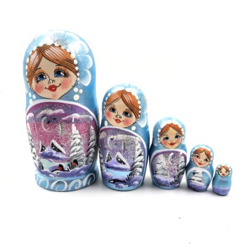 Матрёшка деревянная  "Пейзаж" (5 мест, 14 см) голубая