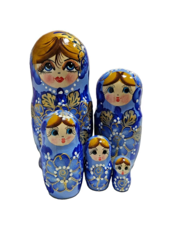  Матрешка деревянная разборная "Наташа" синего цвета (5 мест, 17 см)