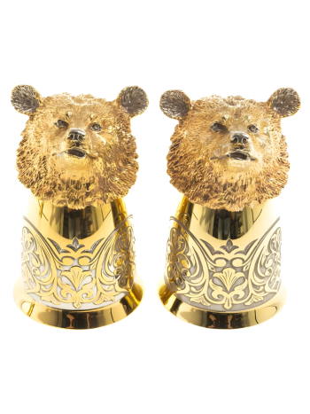 Набор из двух стопок-перевертышей "Медведи" из латуни с позолотой и никелированием (70 мл)