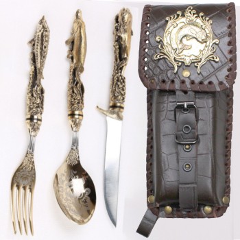Набор столовых приборов "Рыбацкие" в кожаном чехле (вилка, ложка, нож)