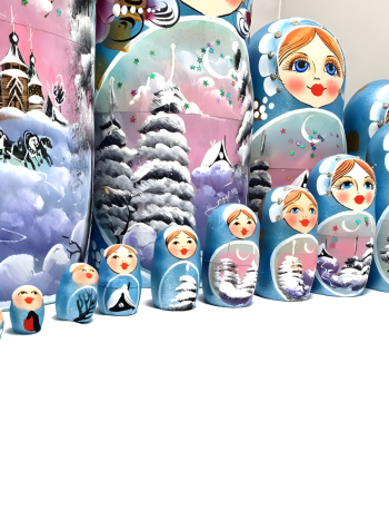 Матрешка деревянная разборная "Пейзаж" (15 мест, 30 см) Голубая