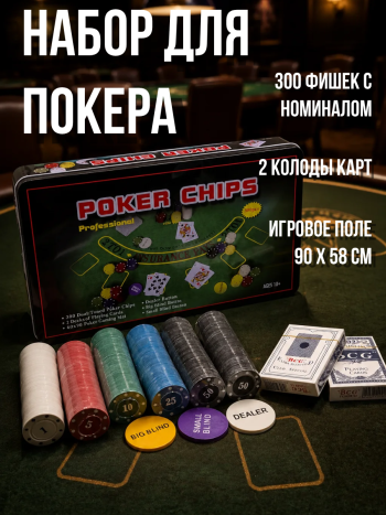 Набор для покера из 300 фишек с номиналом в жестяной коробке (с сукном)