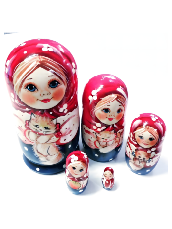 Матрешка "Настя с котенком" (5 мест, 14 см)