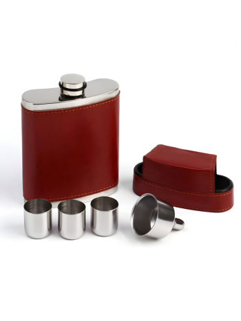 Фляжка с тремя стопками и воронкой в коричневой оплетке (240 мл)