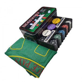Набор для покера из 200 фишек с номиналом в металлической коробке (с сукном)