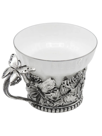 Чашка фарфоровая "Бабочки" посеребренная с чернением (150 мл)