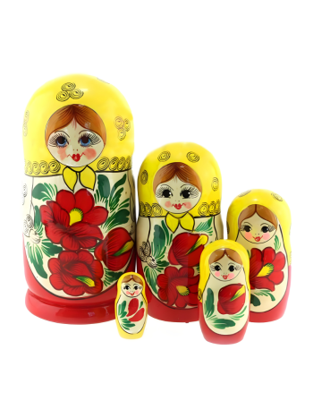 Матрешка "Желтый платочек, красные цветы" (5 мест, 18 см)