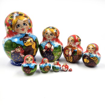 Матрешка деревянная "Маша и медведь" (9 мест, 14 см)