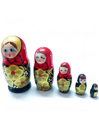 Матрешка "Красный платок, золотые цветы" (5 мест, 11 см)