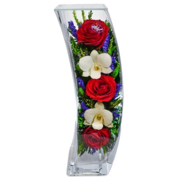 Композиция из роз и орхидей в стекле (выс. 30,5 см, длина 11 см)