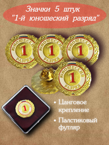 Комплект значков "1-й юношеский разряд" в пластиковом футляре, 5 шт.